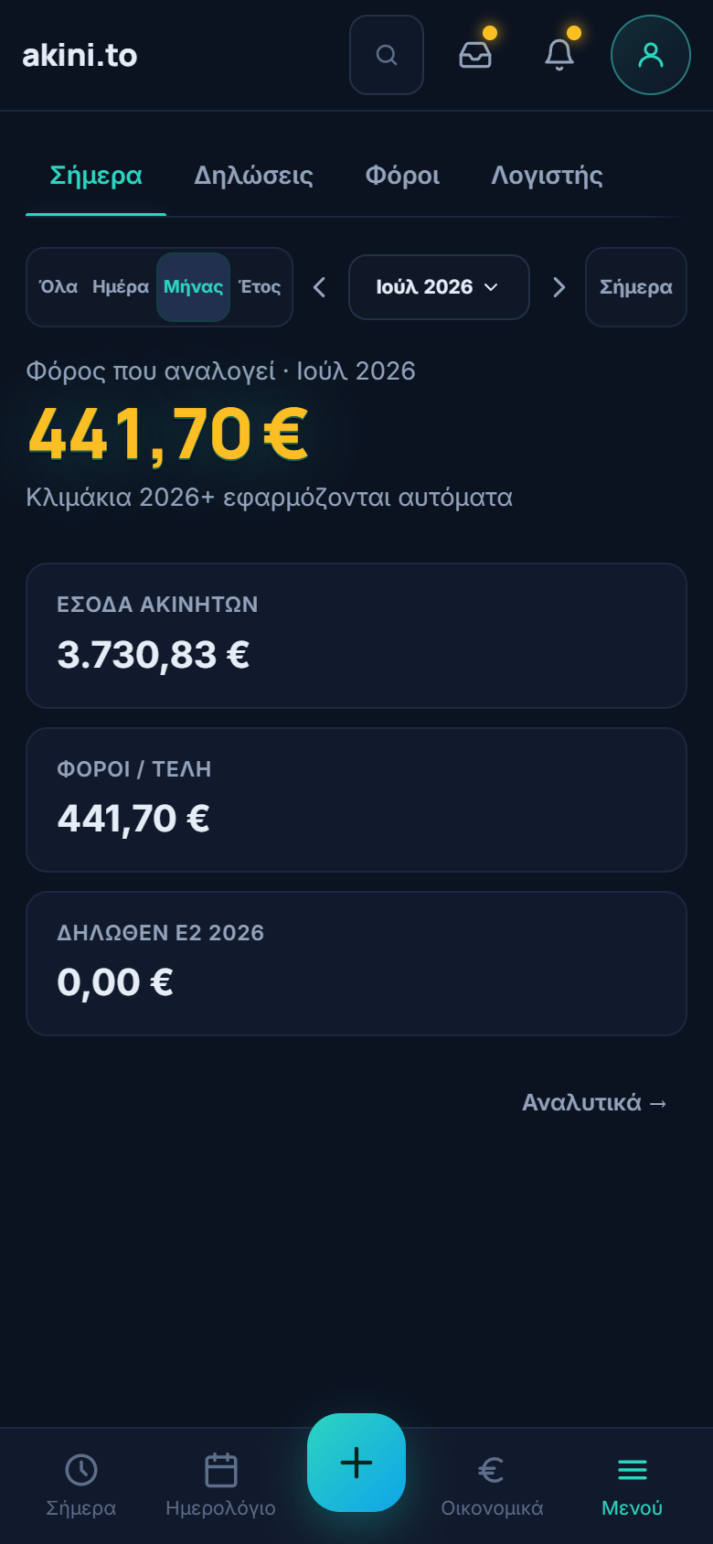 Τα Φορολογικά του akini.to με τον φόρο που αναλογεί στον μήνα